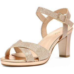 Women’s Open Toe Ankle Strap Sparkly Strappy Chunky Heel Pump champagne Sandals